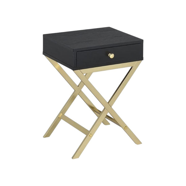 HomeRoots 24" Elegant Solid Wood End Table with Brass Base and Drawer for Stylish Living Room Storage Solutions Black 286067