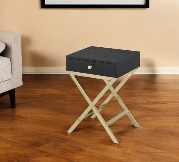 HomeRoots 24" Elegant Solid Wood End Table with Brass Base and Drawer for Stylish Living Room Storage Solutions Black 286067