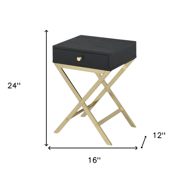 HomeRoots 24" Elegant Solid Wood End Table with Brass Base and Drawer for Stylish Living Room Storage Solutions Black 286067