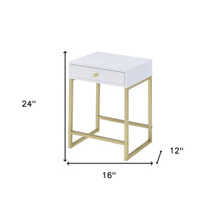 HomeRoots 24" Elegant Solid Wood End Table with Brass Base and Drawer for Stylish Living Room Storage Solutions White 286068
