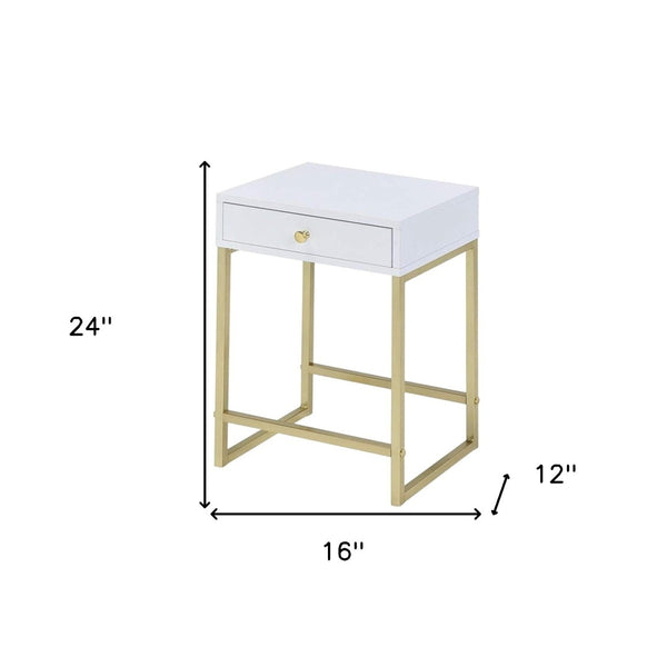 HomeRoots 24" Elegant Solid Wood End Table with Brass Base and Drawer for Stylish Living Room Storage Solutions White 286068