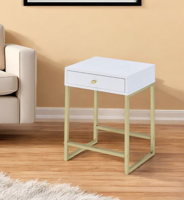 HomeRoots 24" Elegant Solid Wood End Table with Brass Base and Drawer for Stylish Living Room Storage Solutions White 286068