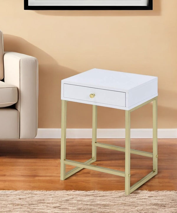 HomeRoots 24" Elegant Solid Wood End Table with Brass Base and Drawer for Stylish Living Room Storage Solutions White 286068