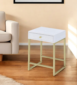 HomeRoots 24" Elegant Solid Wood End Table with Brass Base and Drawer for Stylish Living Room Storage Solutions White 286068