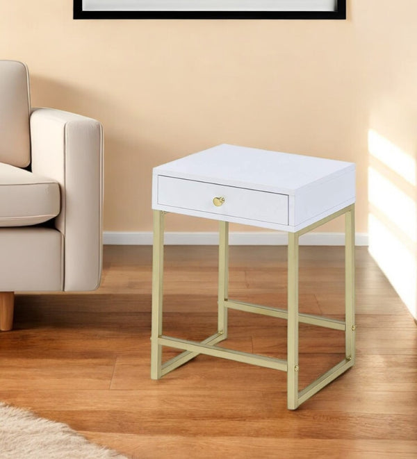 HomeRoots 24" Elegant Solid Wood End Table with Brass Base and Drawer for Stylish Living Room Storage Solutions White 286068