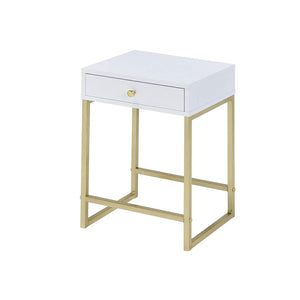 HomeRoots 24" Elegant Solid Wood End Table with Brass Base and Drawer for Stylish Living Room Storage Solutions White 286068