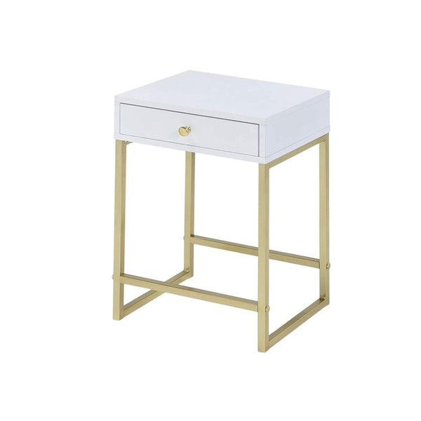 HomeRoots 24" Elegant Solid Wood End Table with Brass Base and Drawer for Stylish Living Room Storage Solutions White 286068