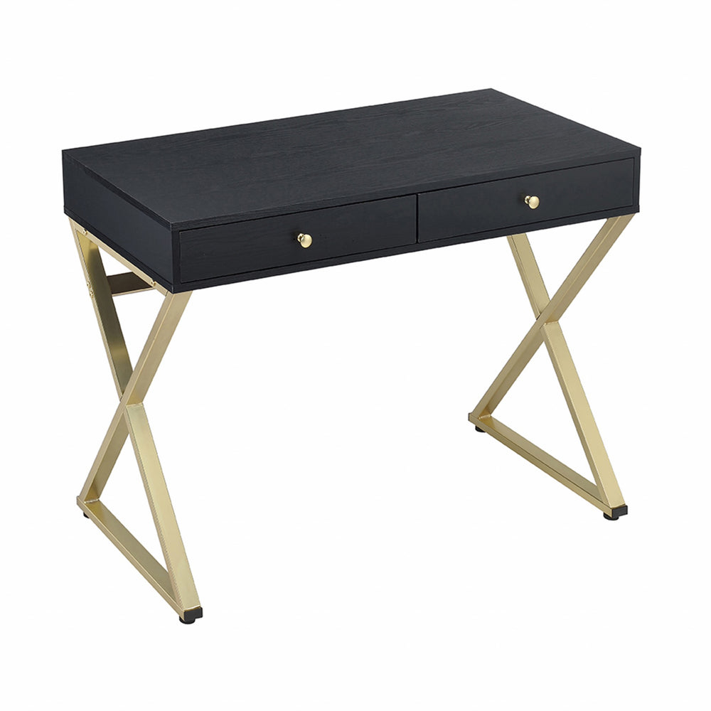 Homeroots 42" Black And Brass Writing Desk With Two Drawers   286081