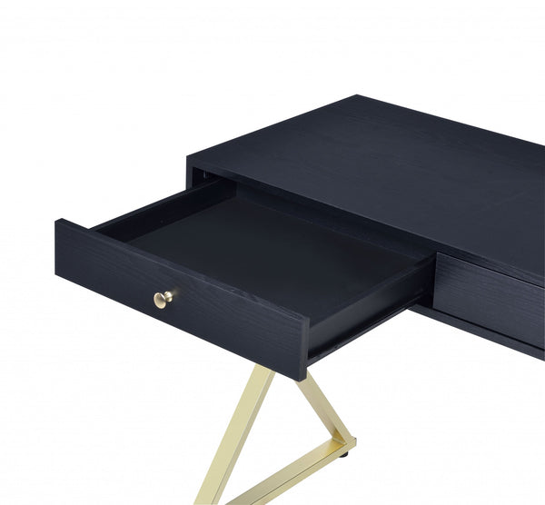 Homeroots 42" Black And Brass Writing Desk With Two Drawers   286081