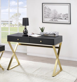 Homeroots 42" Black And Brass Writing Desk With Two Drawers   286081