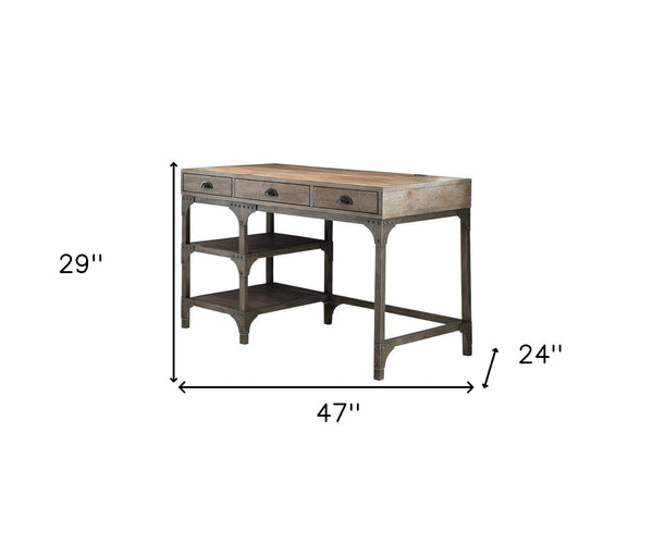 Homeroots 47" Natural And Gray Writing Desk With Three Drawers   286083