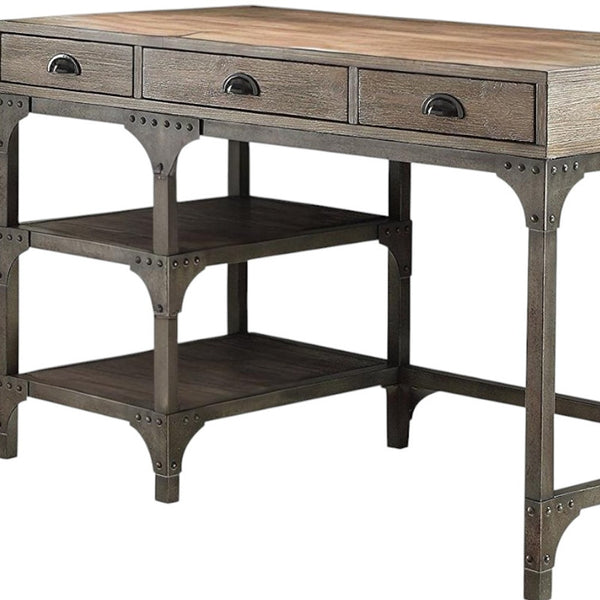 Homeroots 47" Natural And Gray Writing Desk With Three Drawers   286083