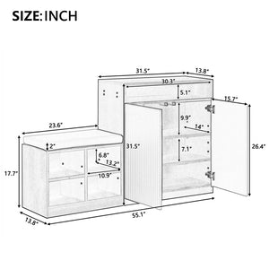 English Elm U_style Entryway Console Set with Wavy Doors Cushioned Bench and Adjustable Shoe Storage N711P345166O