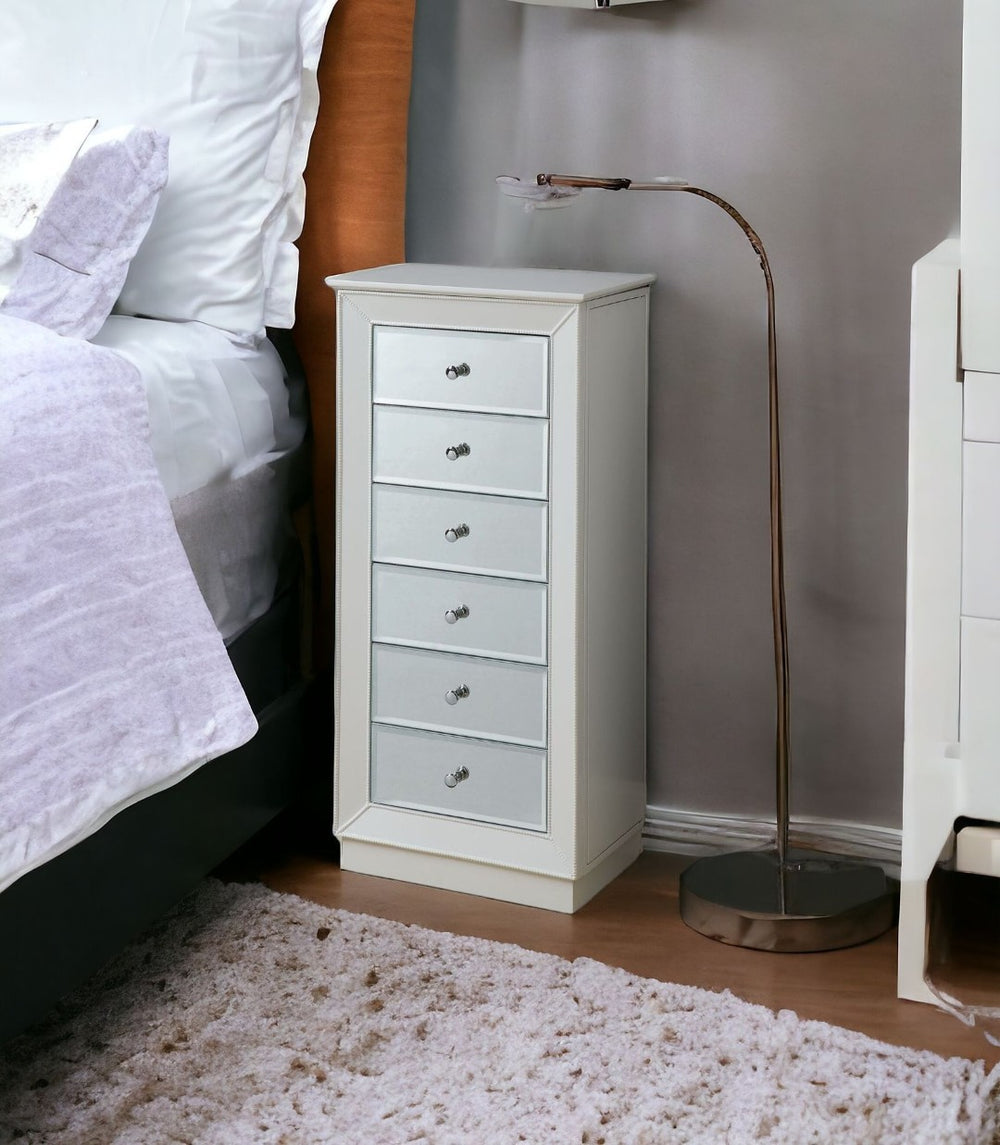 HomeRoots 38" Six Drawer Wood and Mirrored Glass Jewelry Armoire – Elegant Storage Solution for Accessories White 286101
