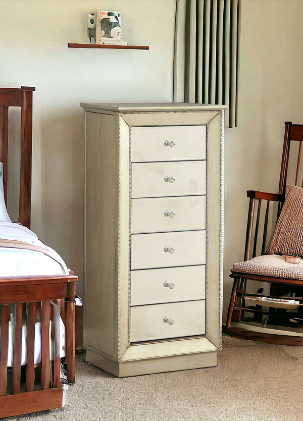 Homeroots 38" Antiqued Gold Six Drawer Wood And Mirrored Glass Jewelry Armoire Antique Gold  286102