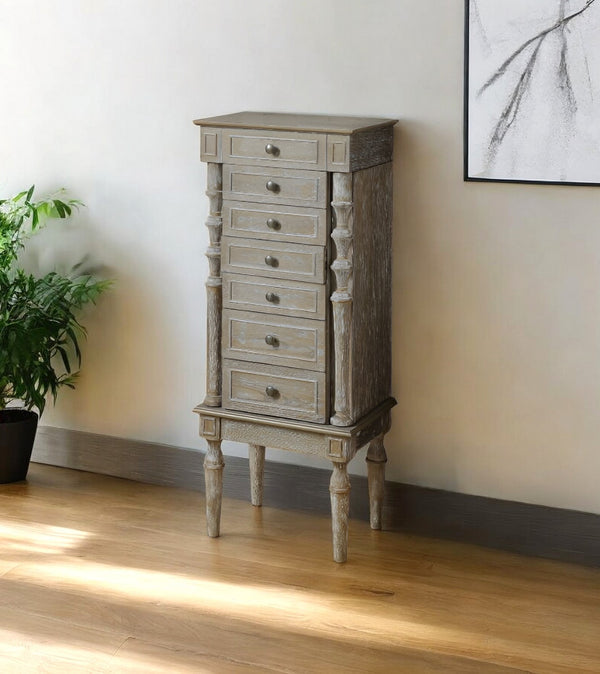 Homeroots 40" Brown Jewelry Armoire With Seven Drawers Weathered Oak Manufactured Wood 286103