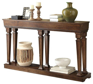 Homeroots 72" Oak Solid And Manufactured Wood Floor Shelf Console Table With Shelves   286114