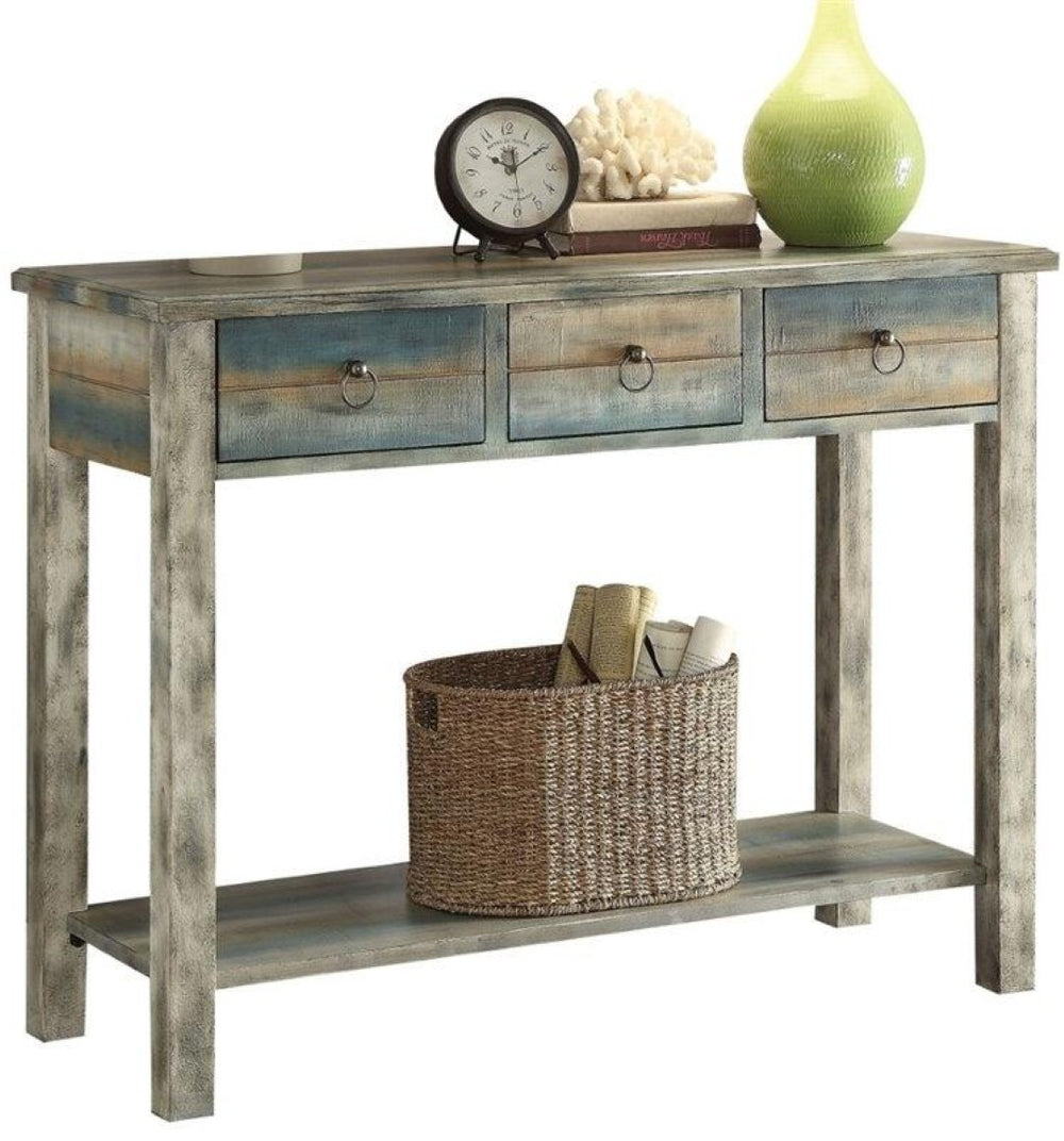 HomeRoots 42" Solid Wood Console Table with Vintage Charm, Three Drawers, and Ample Display Space for Home Decor White and Teal 286118