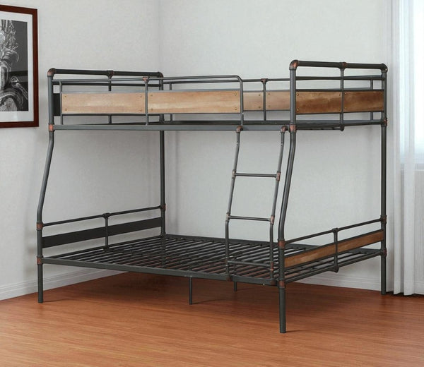 HomeRoots 83" Stylish Dark Bronze Handbrushed Bunk Bed with Built-in Ladder – Space-Saving Solution for Kids Full XL Over Queen 286144