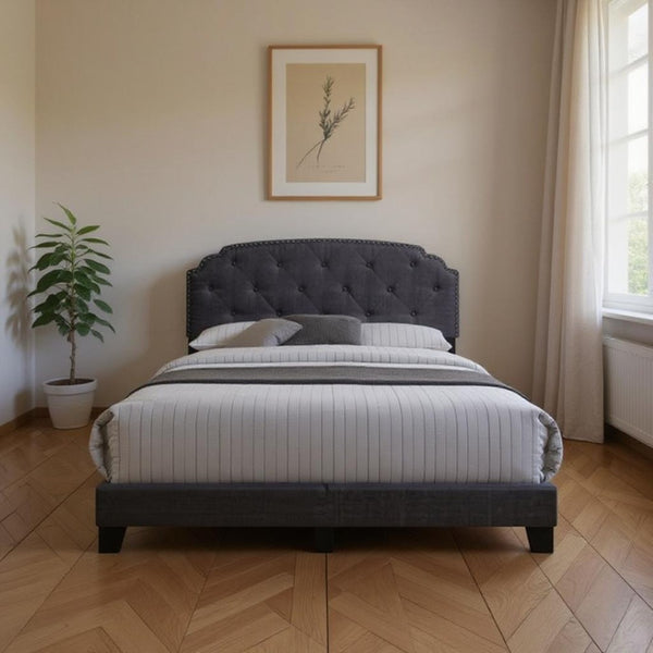 HomeRoots Gray Wood and Tufted Linen Queen Bed Frame with Elegant Nailhead Trim for Timeless Bedroom Style 286159