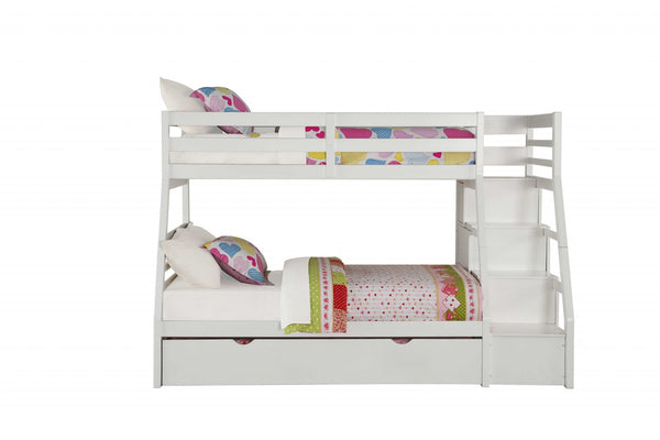 Homeroots 95" X 56" X 65" Twin Over Full White Storage Ladder And Trundle Bunk Bed  Wood 286160