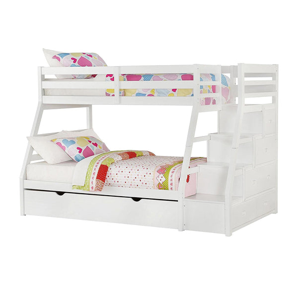Homeroots 95" X 56" X 65" Twin Over Full White Storage Ladder And Trundle Bunk Bed  Wood 286160