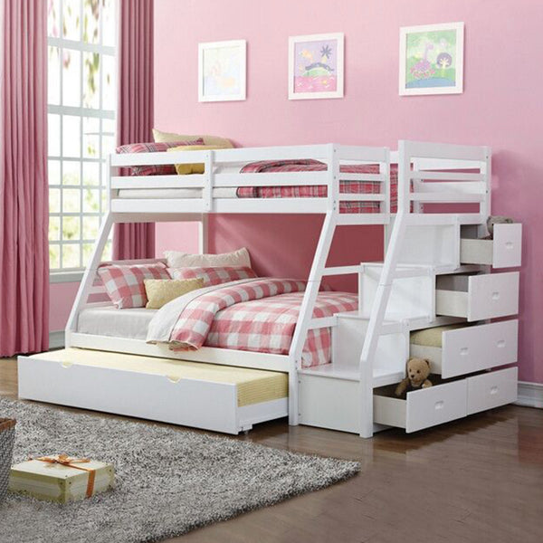 Homeroots 95" X 56" X 65" Twin Over Full White Storage Ladder And Trundle Bunk Bed  Wood 286160