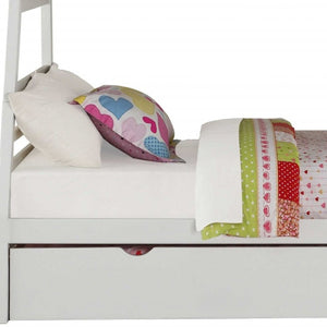 HomeRoots White Twin Over Full Solid Wood Bunk Bed with Stairs, Trundle & Storage - Stylish Space Saver! 286160