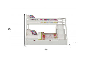 HomeRoots White Twin Over Full Solid Wood Bunk Bed with Stairs, Trundle & Storage - Stylish Space Saver! 286160