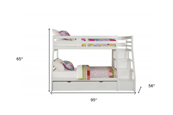 HomeRoots White Twin Over Full Solid Wood Bunk Bed with Stairs, Trundle & Storage - Stylish Space Saver! 286160