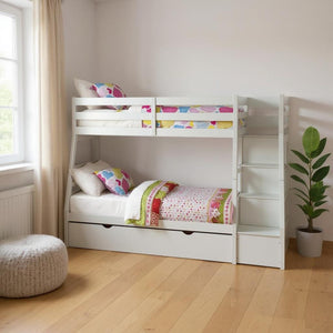 HomeRoots White Twin Over Full Solid Wood Bunk Bed with Stairs, Trundle & Storage - Stylish Space Saver! 286160