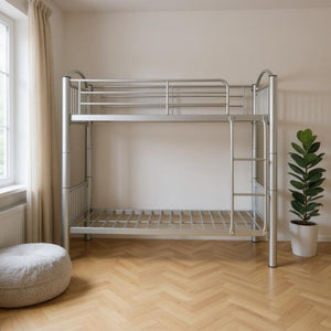 HomeRoots 78" Twin Over Twin Metal Bunk Bed – Space-Saving, Stylish Design with Safety Features for Kids' Rooms Silver 286164