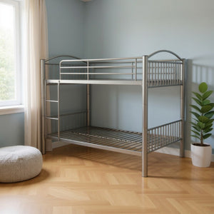 HomeRoots Silver Full Over Full Metal Bunk Bed – Modern Space-Saving Design with Safety Features for Shared Rooms Silver 286166