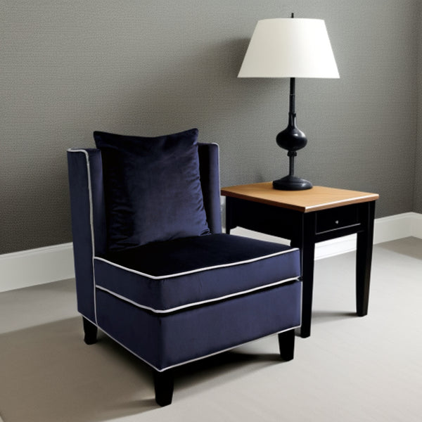 Homeroots 29" Dark Blue And Black Velvet Slipper Chair   286191