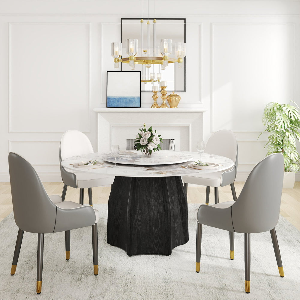 English Elm 59.05" Round Marble Dining Table With Lazy Susan, Black Oak Base, Seats 6-8, Elegant & Durable Design W1535S00460