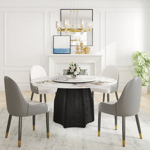 English Elm 59.05" Round Marble Dining Table With Lazy Susan, Black Oak Base, Seats 6-8, Elegant & Durable Design W1535S00460