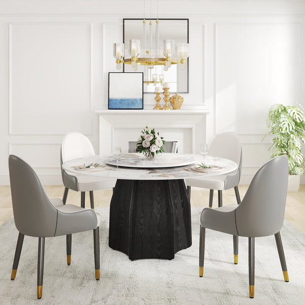 English Elm 59.05" Round Marble Dining Table With Lazy Susan, Black Oak Base, Seats 6-8, Elegant & Durable Design W1535S00460