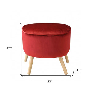 HomeRoots 22" Red Velvet Ottoman - Stylish Brown Base, Plush Comfort, Versatile Footrest & Seating Solution! 286215