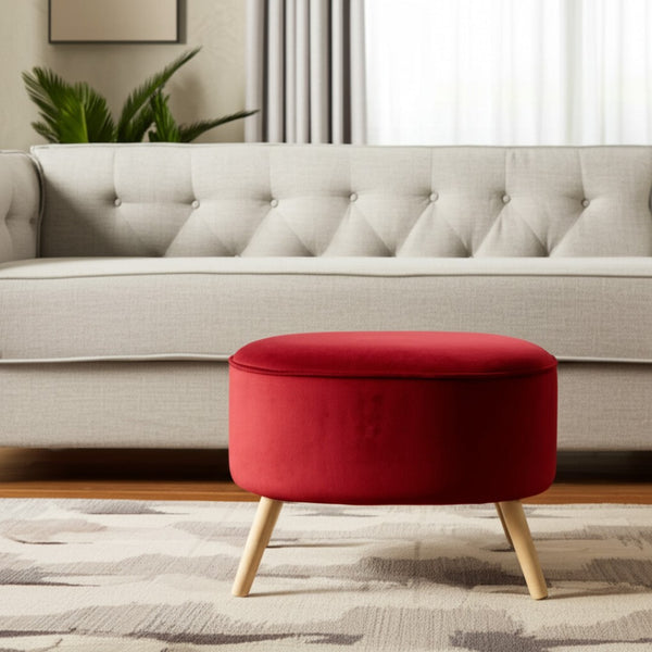 HomeRoots 22" Red Velvet Ottoman - Stylish Brown Base, Plush Comfort, Versatile Footrest & Seating Solution! 286215