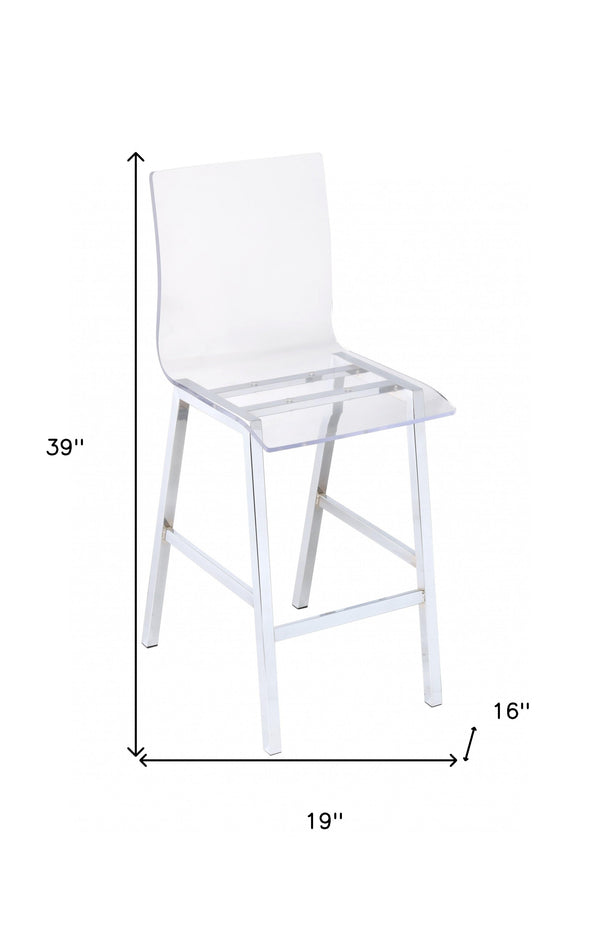 Homeroots 39" Clear And Silver Acrylic And Metal Counter Height Bar Chair   286228