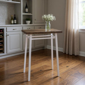 HomeRoots 30" Modern Brown and White Metal and Solid Wood Square Bar Table for Stylish Dining and Entertaining 30" X 30" X 42" 286229
