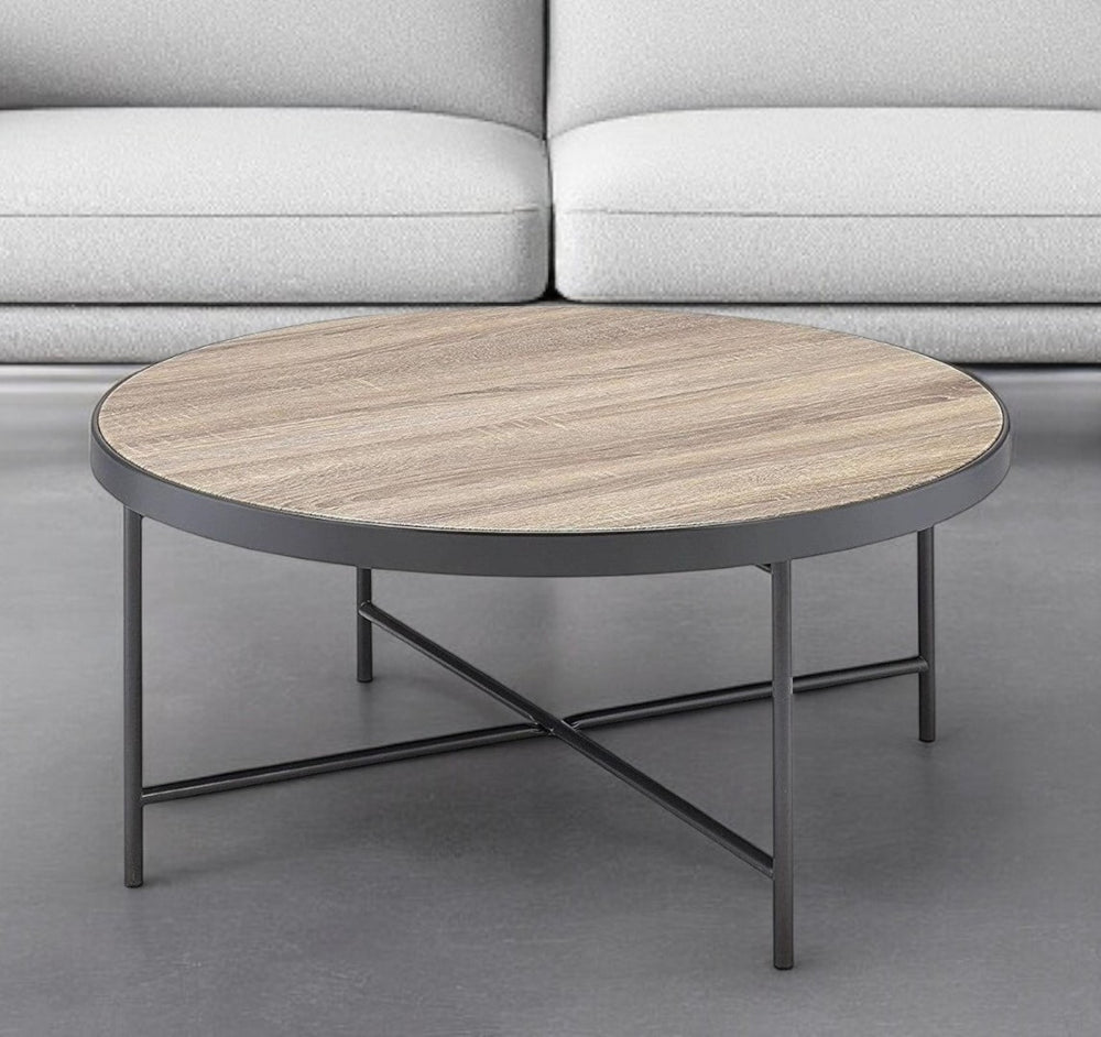 HomeRoots 32" Rustic Brown and Black Round Coffee Table with Industrial Iron Base for Versatile Home Decor 286245