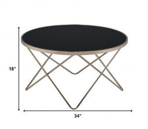 Homeroots 34" Black And Gold Glass And Iron Round Coffee Table Black Glass  286258