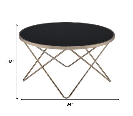 Homeroots 34" Black And Gold Glass And Iron Round Coffee Table Black Glass  286258