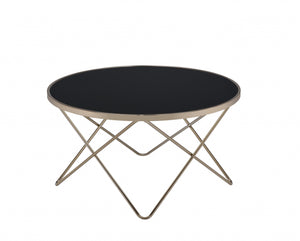 Homeroots 34" Black And Gold Glass And Iron Round Coffee Table Black Glass  286258