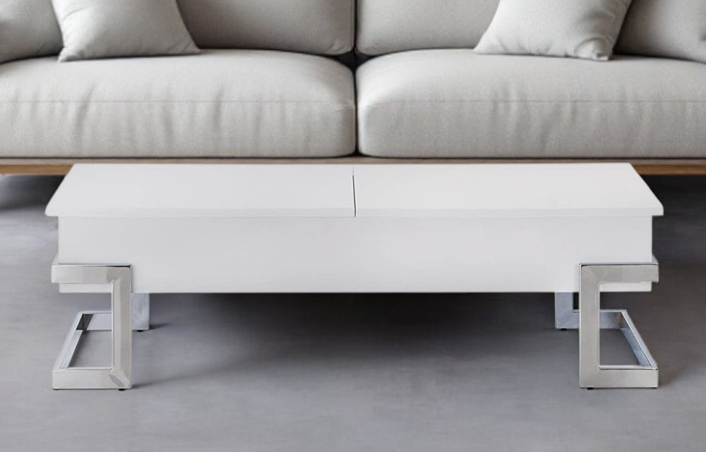 HomeRoots 47" Sleek Lift-Top Sled Coffee Table with Durable Metal Base for Modern Living Room Elegance and Function White 286268