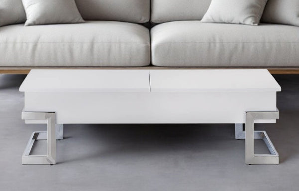 HomeRoots 47" Sleek Lift-Top Sled Coffee Table with Durable Metal Base for Modern Living Room Elegance and Function White 286268