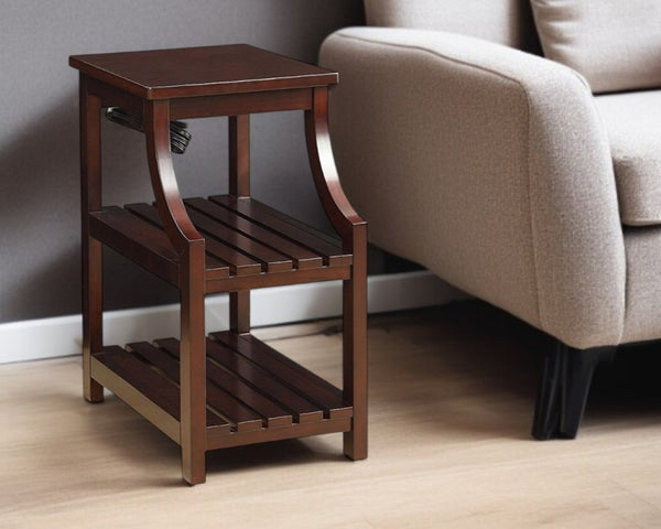 HomeRoots 24" Brown Wood End Table with USB Ports & 2 Shelves - Stylish, Compact & Versatile for Any Space 286283