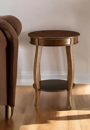 HomeRoots 24" Brown Solid Wood Round End Table with Lower Shelf for Stylish Storage and Versatile Use 286290