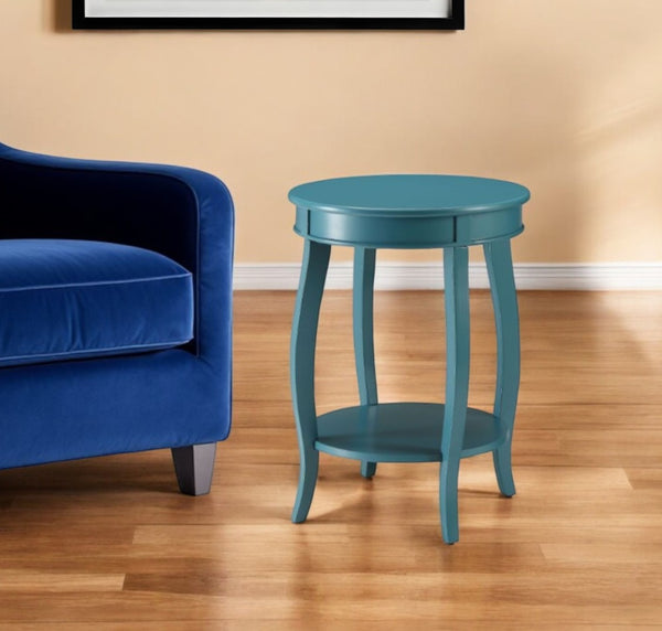 HomeRoots 24" White Solid Wood Round End Table with Shelf - Timeless Design for Stylish Living Spaces Teal 286291